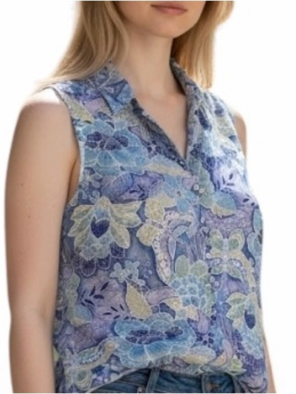 August Silk Intimates 100% Silk Floral Sleeveless Button-Down Top, Size Small